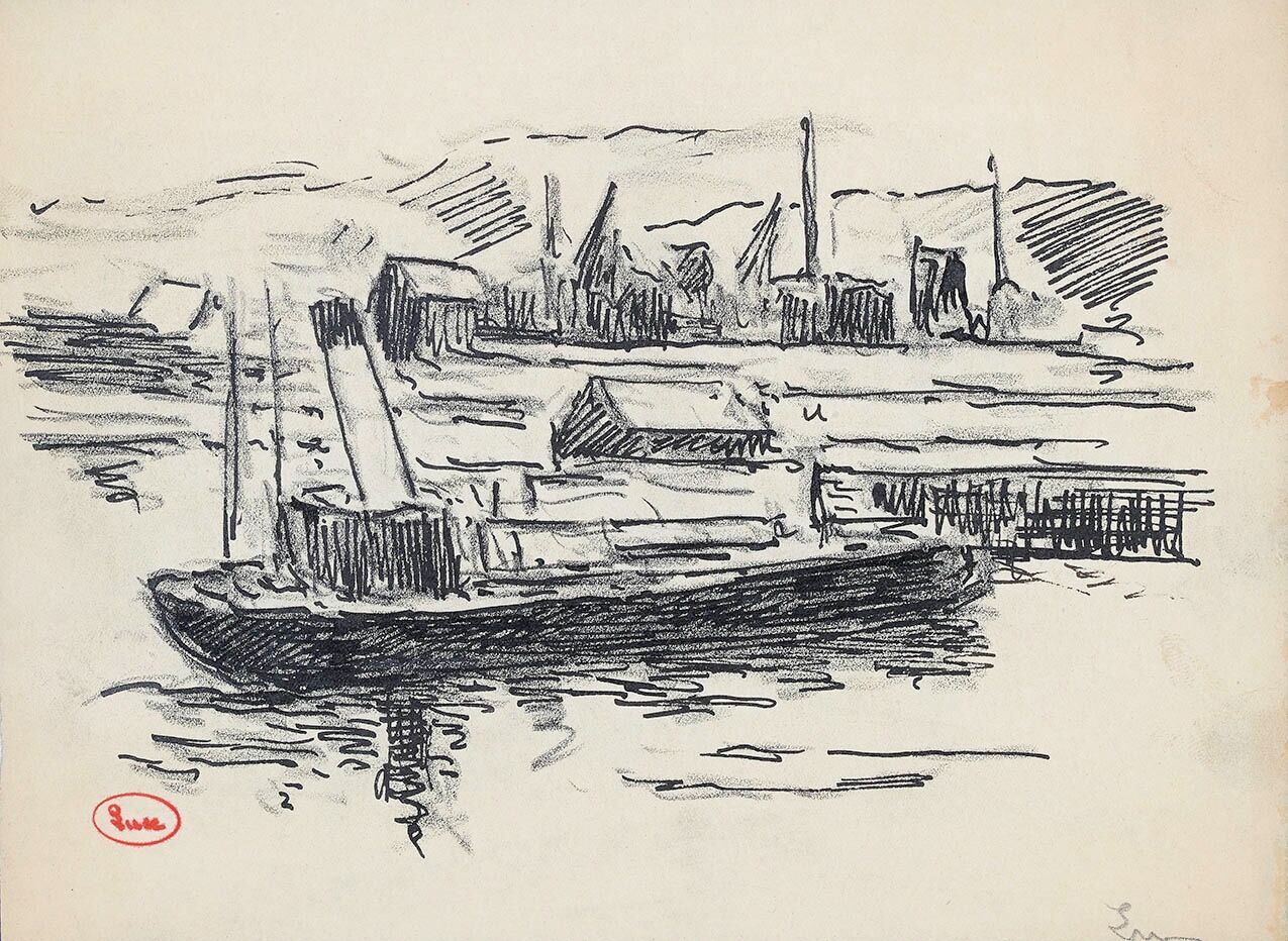 Null 马克西米利安-卢斯(1858-1941)

洪福勒，港口中的工作驳船

水墨和黑色铅笔画，右下方有签名，左下方有工作室的印章。

17 x 23 cm