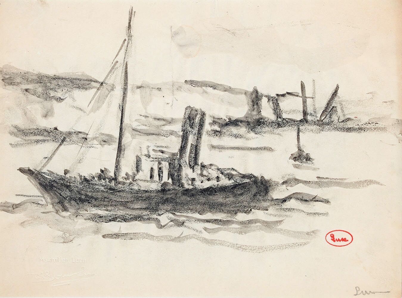 Null Maximilien LUCE (1858-1941) 

Honfleur, navire rentrant au port

Dessin au &hellip;