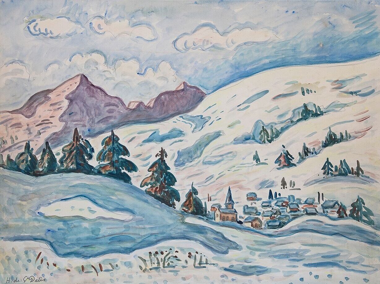 Null Henri Liénard de SAINT-DELIS (1878-1949)

雪中的山村

水彩画，左下方有签名。

45 x 60.5厘米