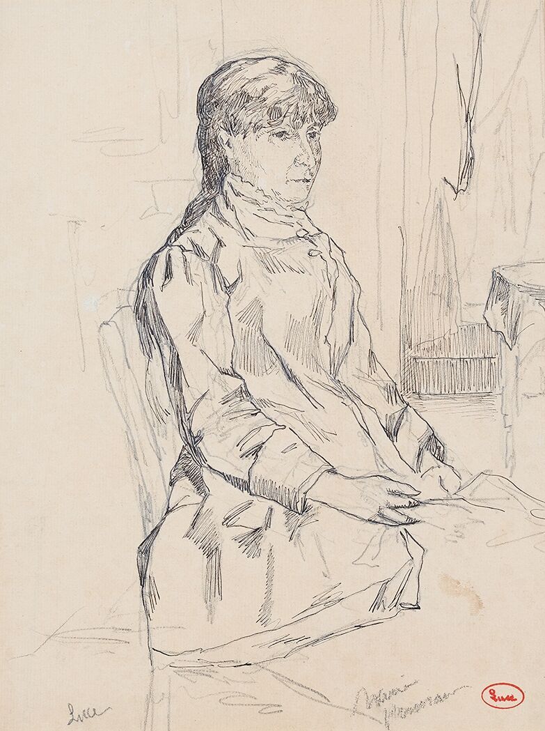 Null 马克西米利安-卢斯(1858-1941)

奥古斯丁-哈蒙夫人的画像

黑色铅笔和墨水画，左下方有签名，右下方有印章和标识。

27 x 20 厘米