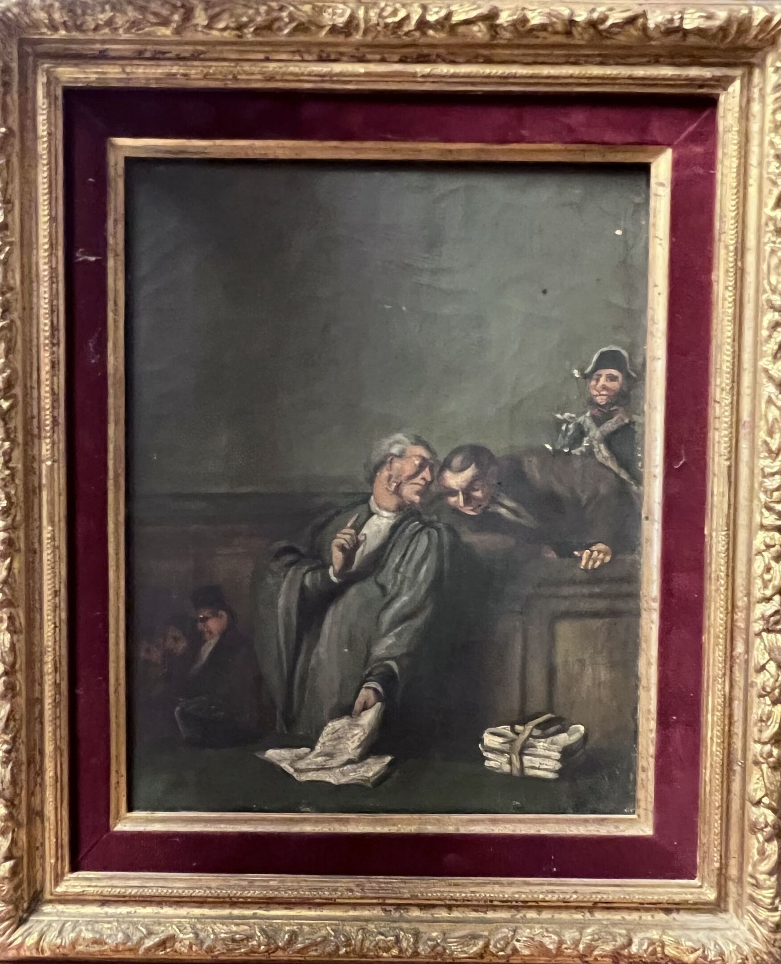 Null 法国学校。

"律师和他的客户"。

布面油画，左下方有H.D.字样。

27 x 22 cm