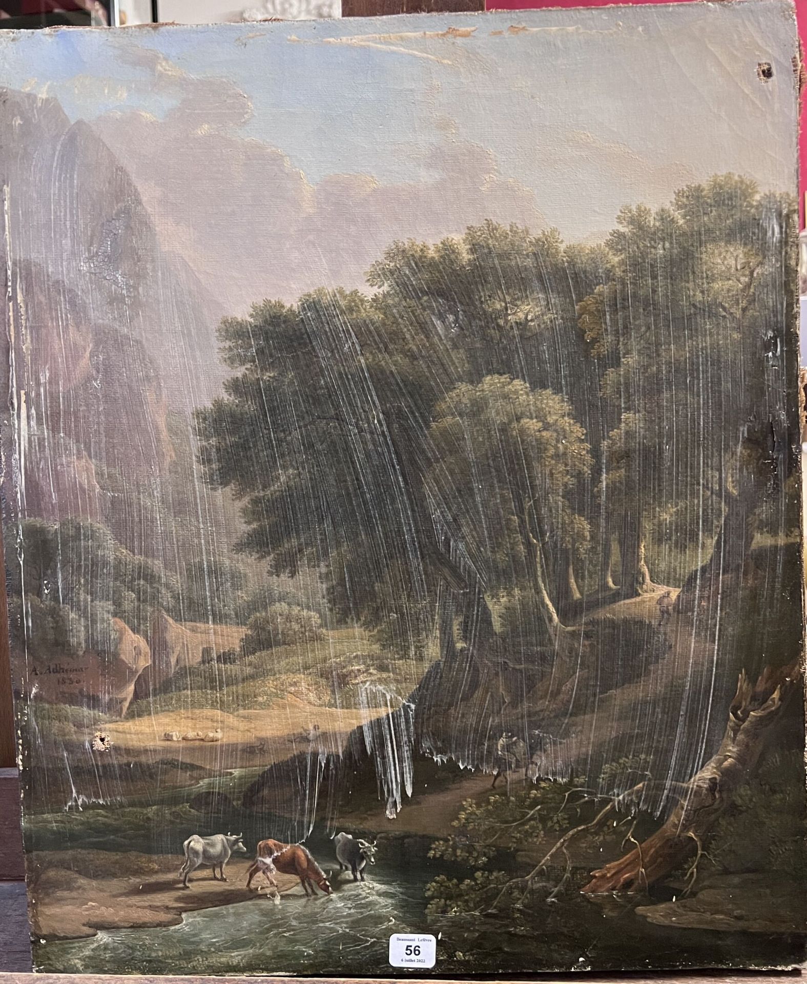 Null A.ADHEMAR。

19世纪末的学校。

"溪边的牛"。

布面油画，署名A。ADHEMAR，日期为1830年，45 x 37厘米。

洞和泥土。