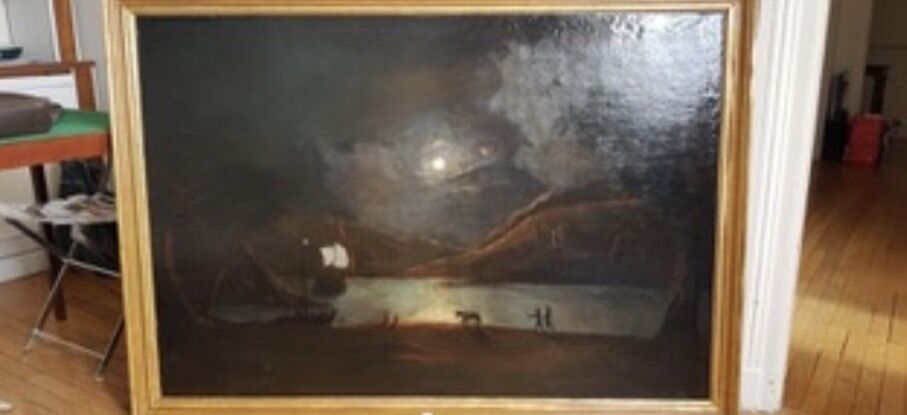 Null Scuola del XIX secolo: 

"Personaggi in riva al lago".

Olio su tela

90 x &hellip;