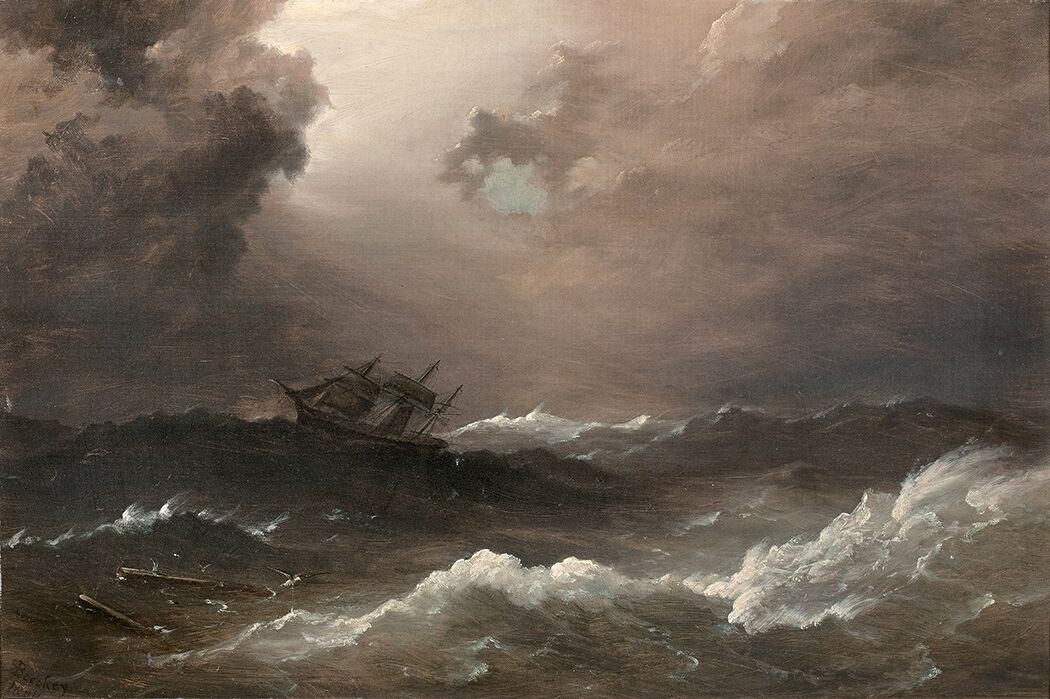 Null 理查德-布赖奇斯-贝歇（1805-1895）。

大海中的三根桅杆, 1881年

布面油画，左下方有签名和日期。

(中间为修复)。

41 x 6&hellip;