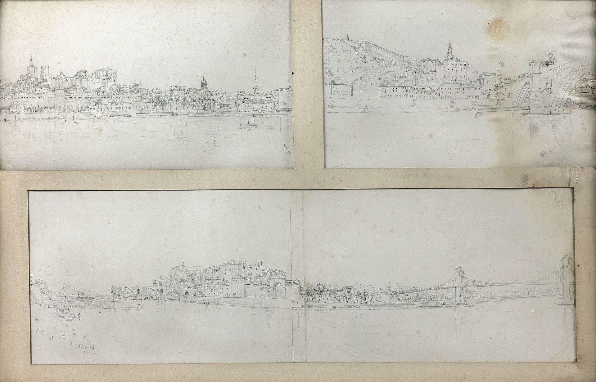Null 不来了

Viollet-le-Duc的工作室

河边的城市景观

四幅铅笔画在一个框架中

22 x 39厘米，21 x 35厘米和21 x 72厘&hellip;