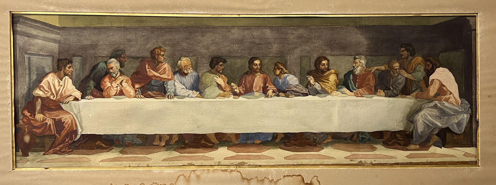 Null 19世纪法国学校

最后的晚餐》，根据圣萨尔维壁画中安德烈-德尔-萨尔托的作品改编。

纸上水彩和石墨，铺在装裱纸上

33 x 96.5厘米。


&hellip;