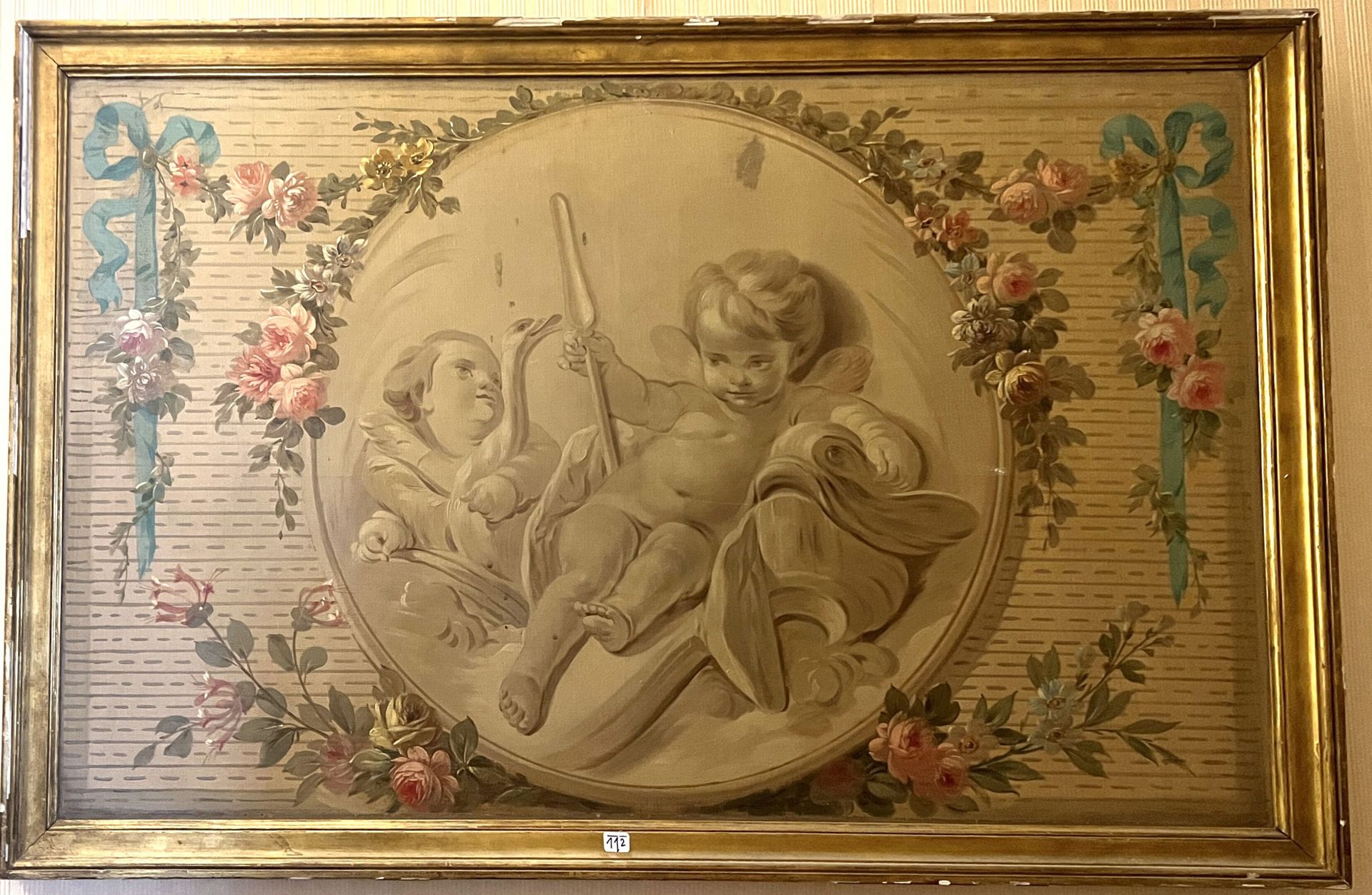 Null French school of the XIXth century:

"Loves".

Oil on canvas, door top.

66&hellip;
