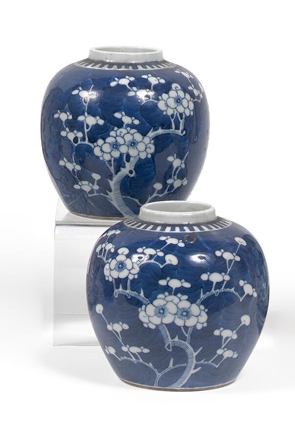 CHINE - XXe siècle Pair of porcelain ginger pots decorated in blue underglaze wi&hellip;