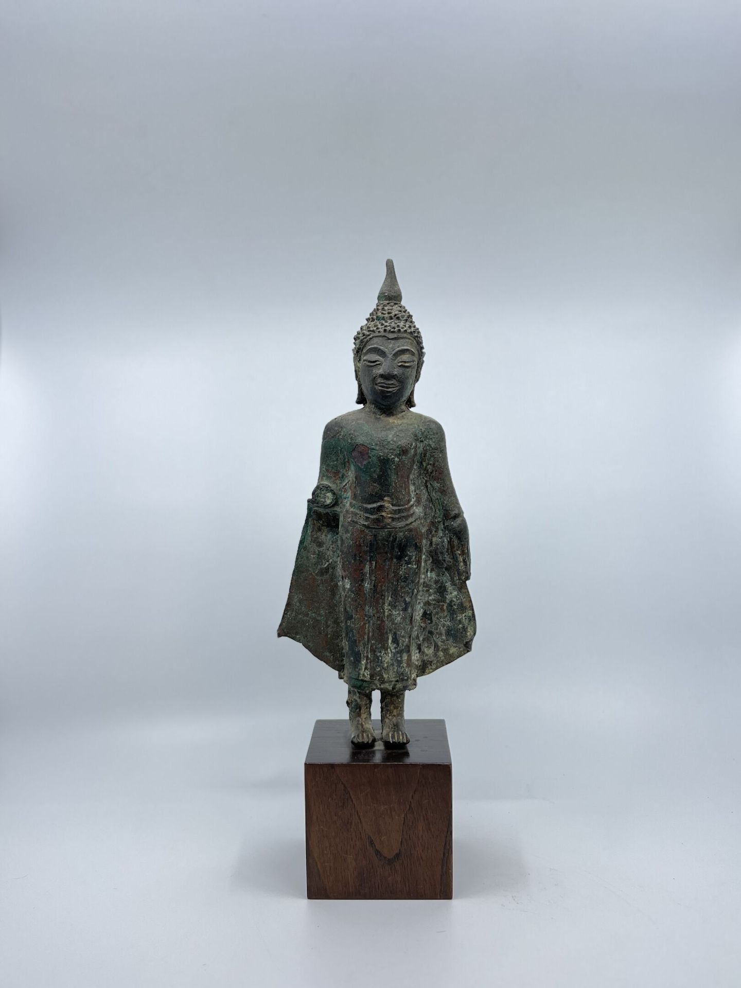 Null 泰国
一个铜制的站立菩萨，带有铜绿色的铜质光泽。
17-18世纪
(缺少右臂)
高26.5厘米（不含底座）
在一个清漆的木质底座上。 




---&hellip;