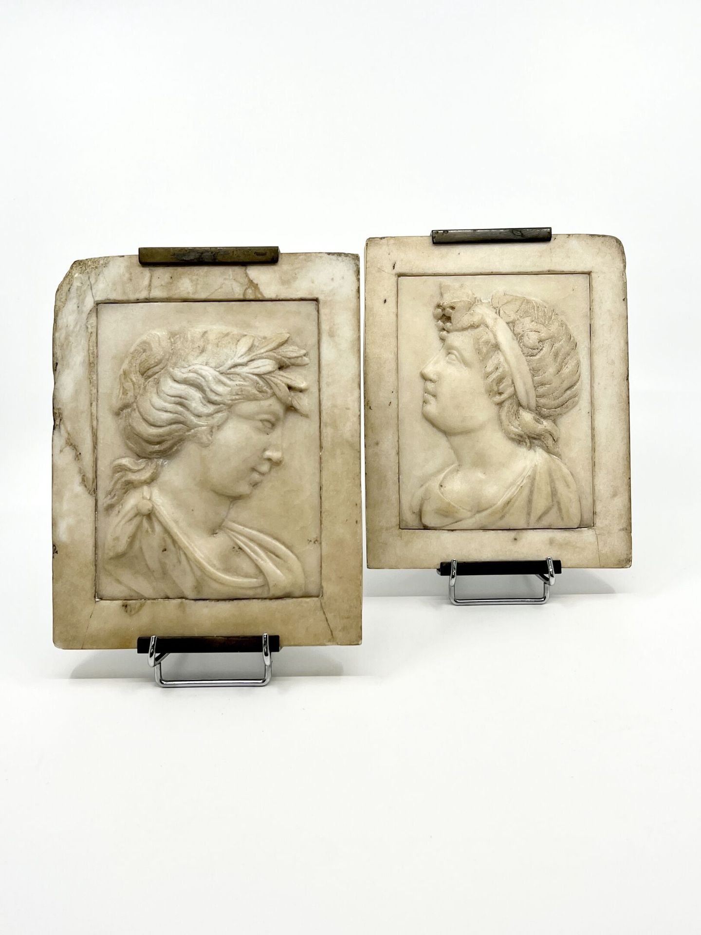 Null PAIR OF RECTANGULAR PLATES carved in bas-relief with two profiles of maenad&hellip;