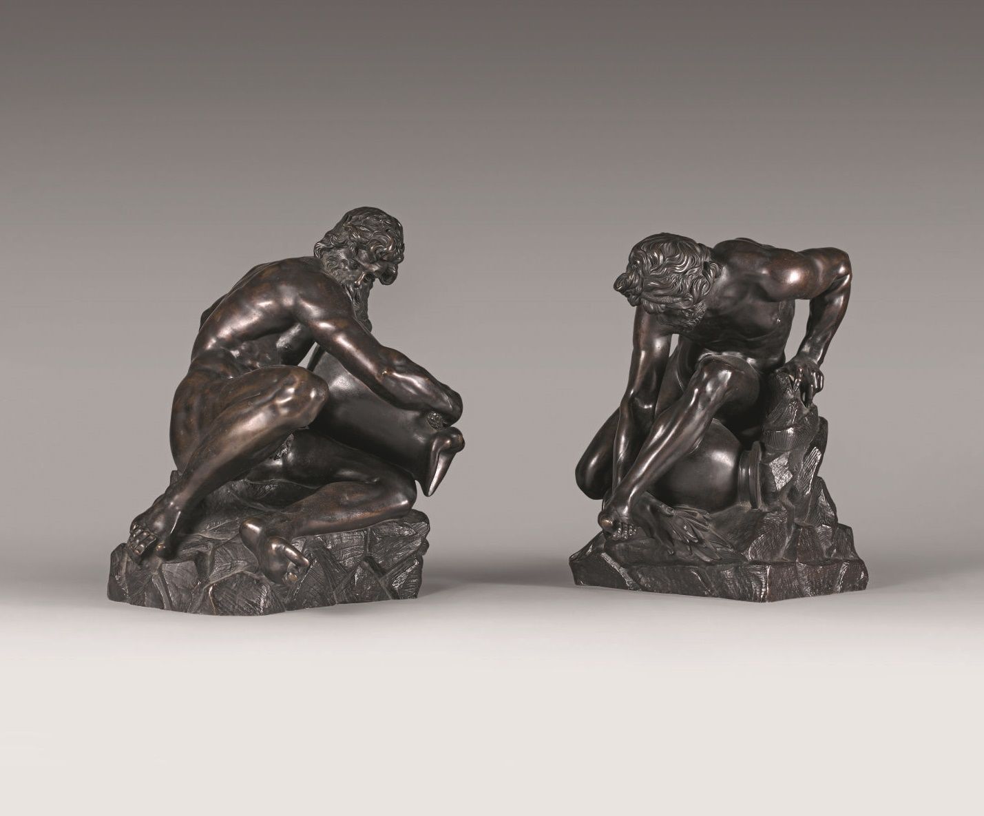 Null PAIR OF LARGE STATUETTES in patinated bronze : allegories of the rivers the&hellip;