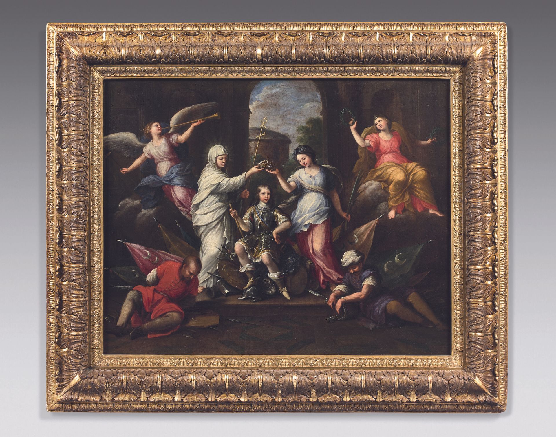 Null 17世纪中期的法国画家
路易十四还是个孩子的时候，在宗教与和平中加冕的三月
布面油画，有内衬。
51.5 x 64 cm
以前是由乔瓦尼-弗朗西斯科-&hellip;