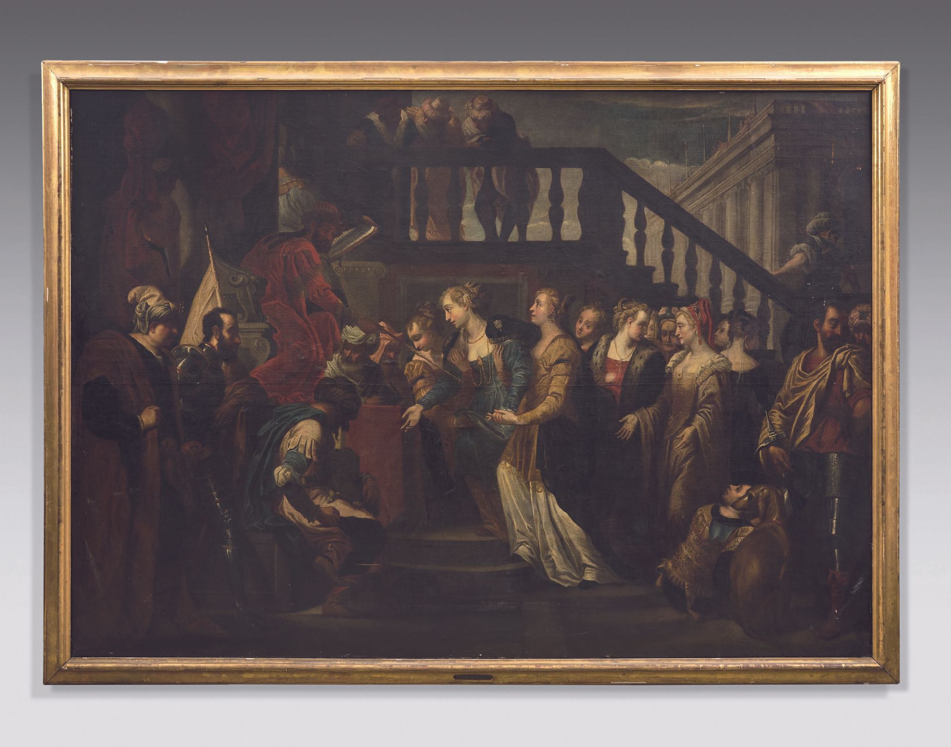 Null 17世纪的意大利教练
以斯帖和阿苏勒
布面油画。
(损坏和恢复）。
217 x 307 cm
根据佛罗伦萨乌菲兹博物馆中保罗-维罗内塞的画作。