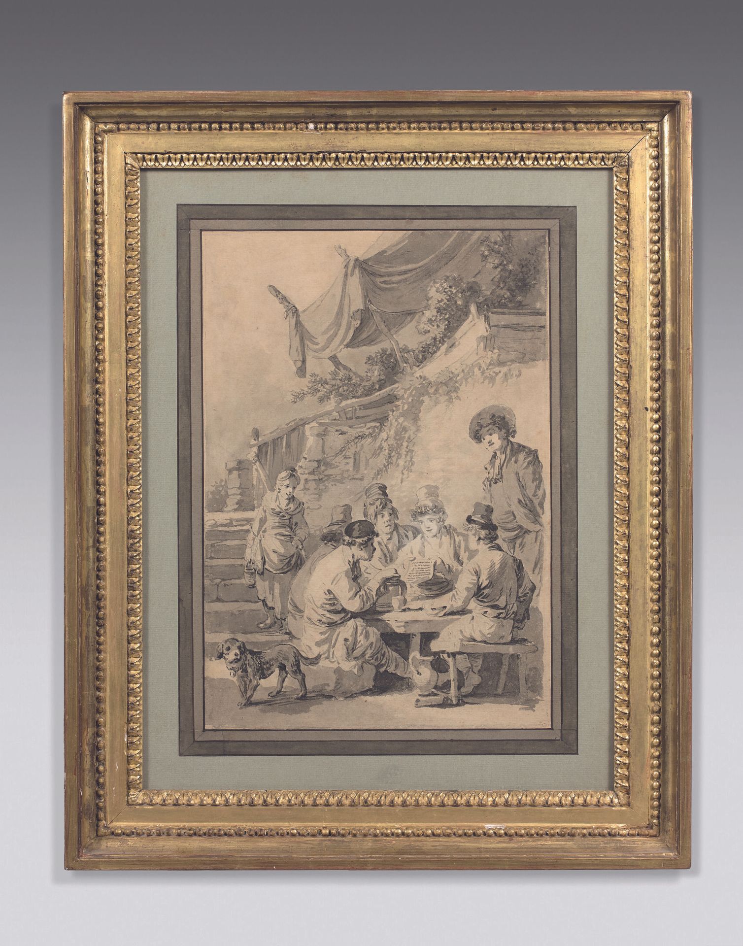 Null 让-巴蒂斯特-勒普朗斯(1734-1781)
旅店内的俄式餐点，或阅读公报。
钢笔和灰色水洗，29.6 x 20.4厘米
右下角有编辑François&hellip;
