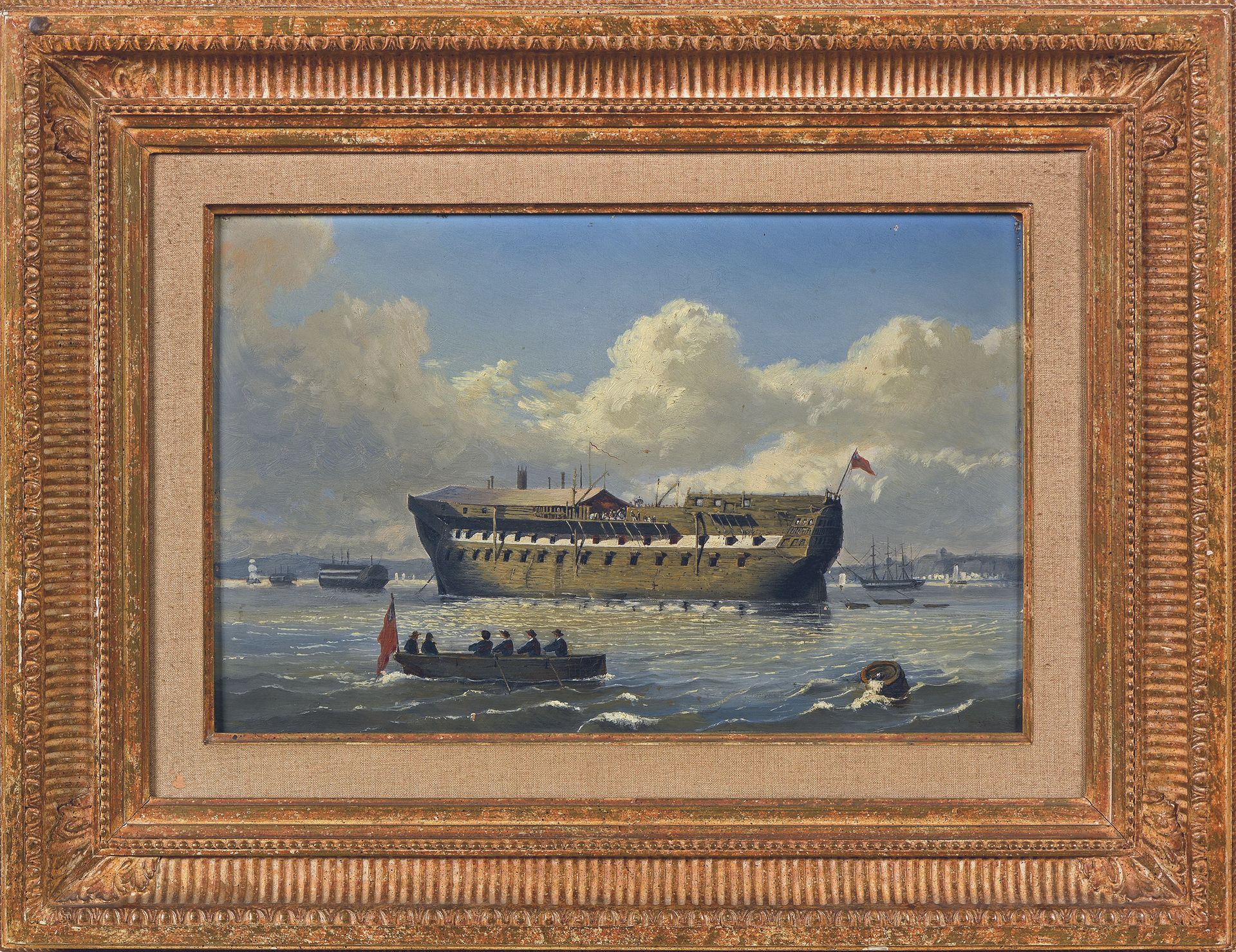 Null 19世纪下半叶的英国教练
港湾中的浮桥
板上油彩。
25.6 x 39.2 厘米