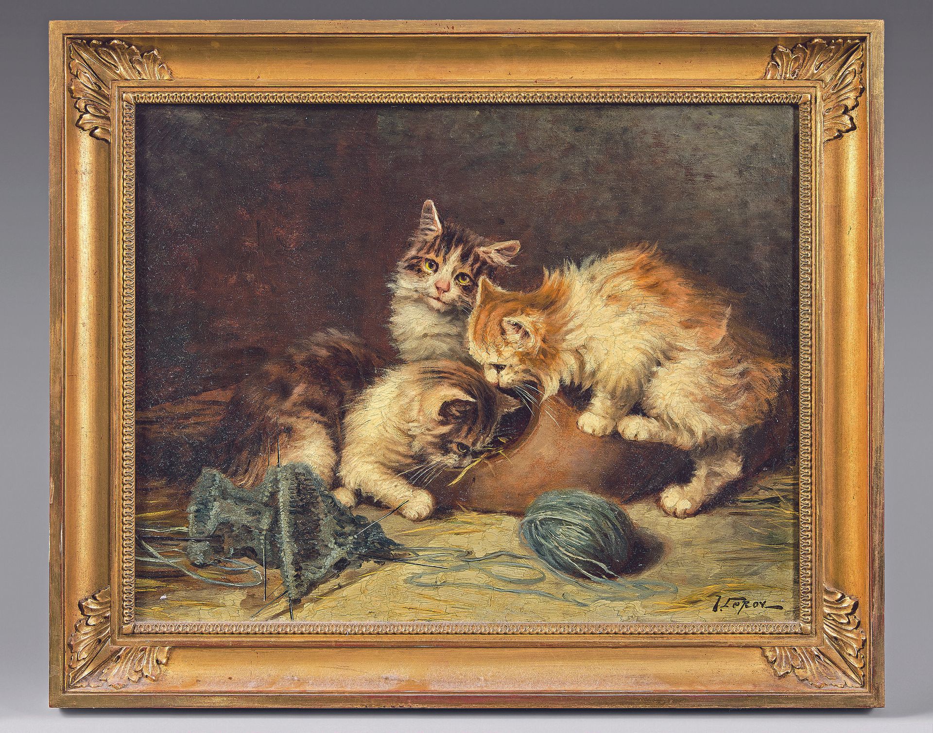 Null 朱尔斯-古斯塔夫-勒罗伊(1856-1921)
三只小猫和一个毛线球
布面油画，右下方有签名。
40,5 x 52 cm