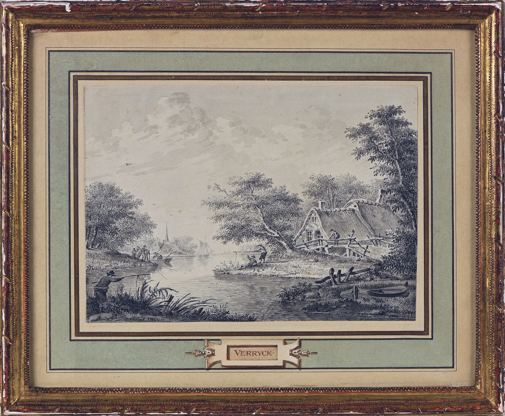 Null Theodor VERRYCK (活跃于18世纪)
河流景观与人物
灰色水洗，左下方有签名。
17,2 x 23,3 cm