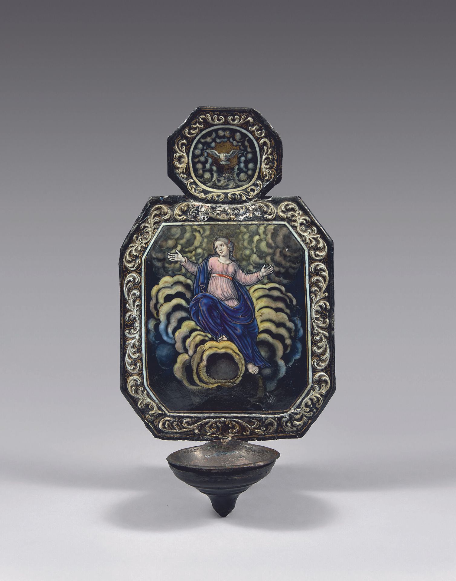 Null Enameled copper alcove stoup decorated with an Assumption of the Virgin.
Si&hellip;