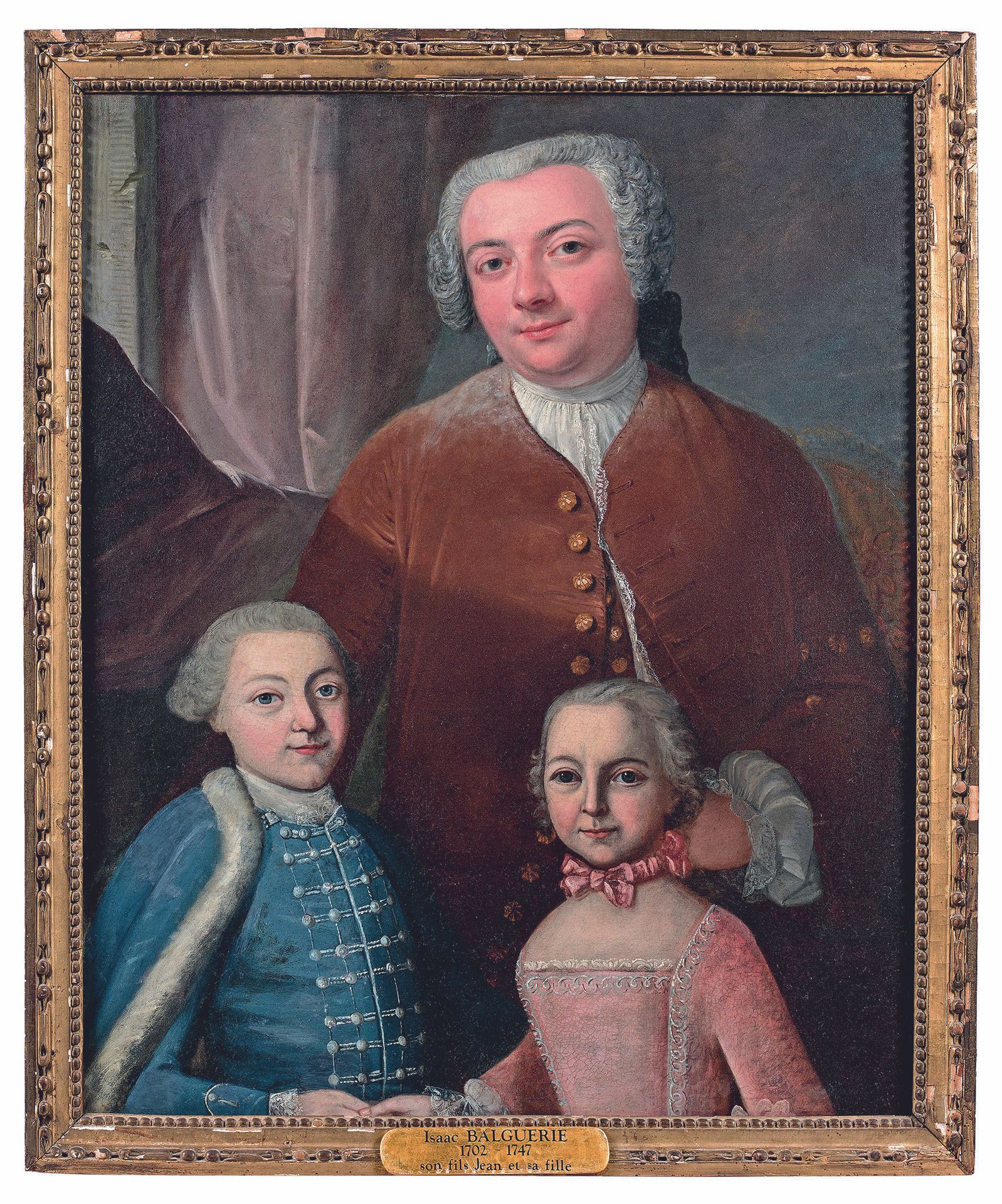 Null 18世纪的法国学校
艾萨克-巴尔盖里（1702-1747）与他的儿子让和女儿的肖像画
布面油画，有内衬。
91 x 73.5厘米