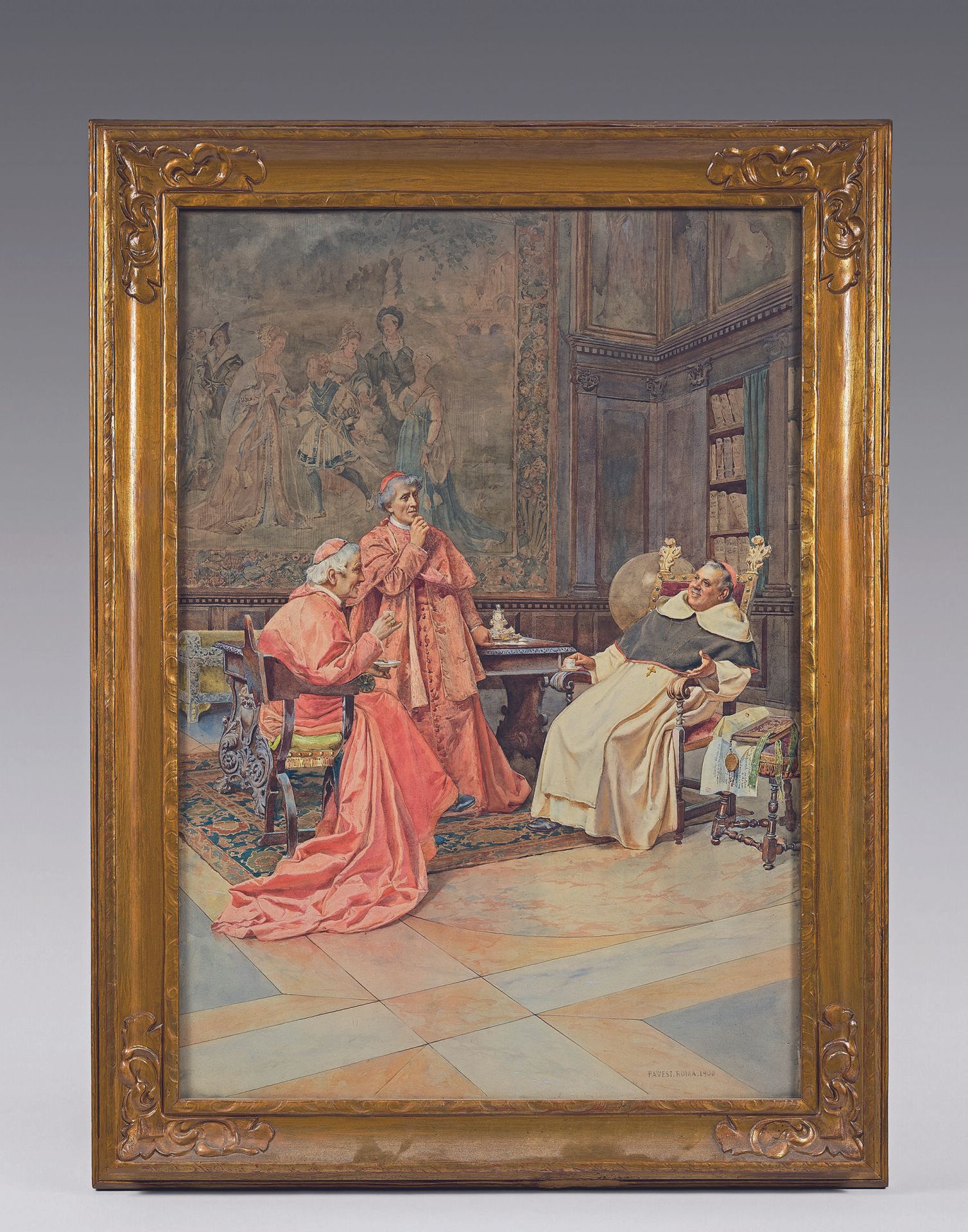 Null 皮特罗-帕维西 (1844-1907)
茶水时间，1900年
水彩画，右下方有签名、日期和位置 "Roma"。
74 x 51 厘米