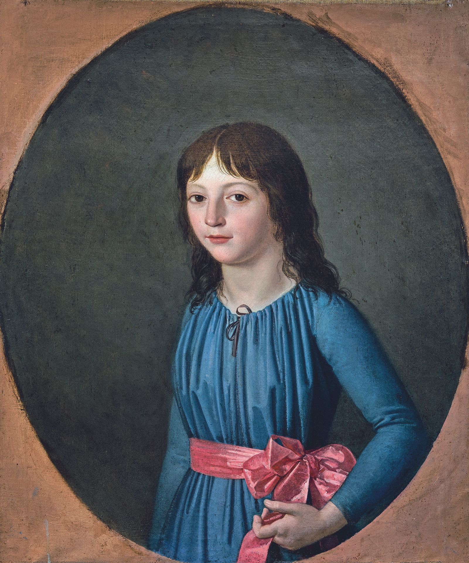 Null 19世纪初的法国经济学家
穿着粉红色腰带的四分之三胸围的年轻女孩的肖像
布面油画。
(修复)。
75.5 x 63.5 厘米