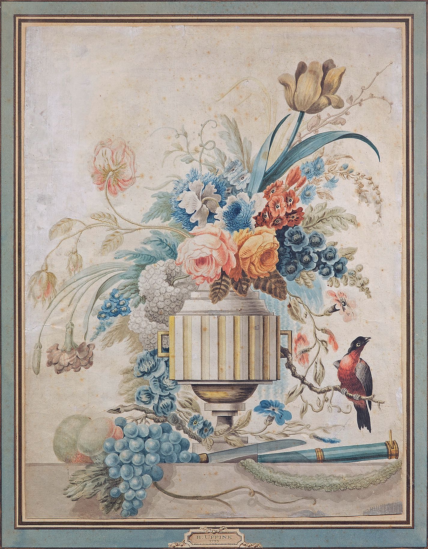 Null 归功于赫尔莫尼乌斯-乌平克（1753-1793）。
花瓶中的花束
黑石头，水彩画。
(事故、修复）。
57 x 44 厘米