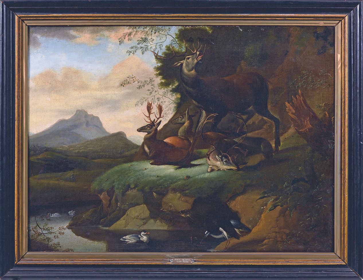 Null 归功于约翰-埃利亚斯-里丁格（1698-1767）。
鹿与雄鹿
布面油画（内衬）。
55 x 73 cm