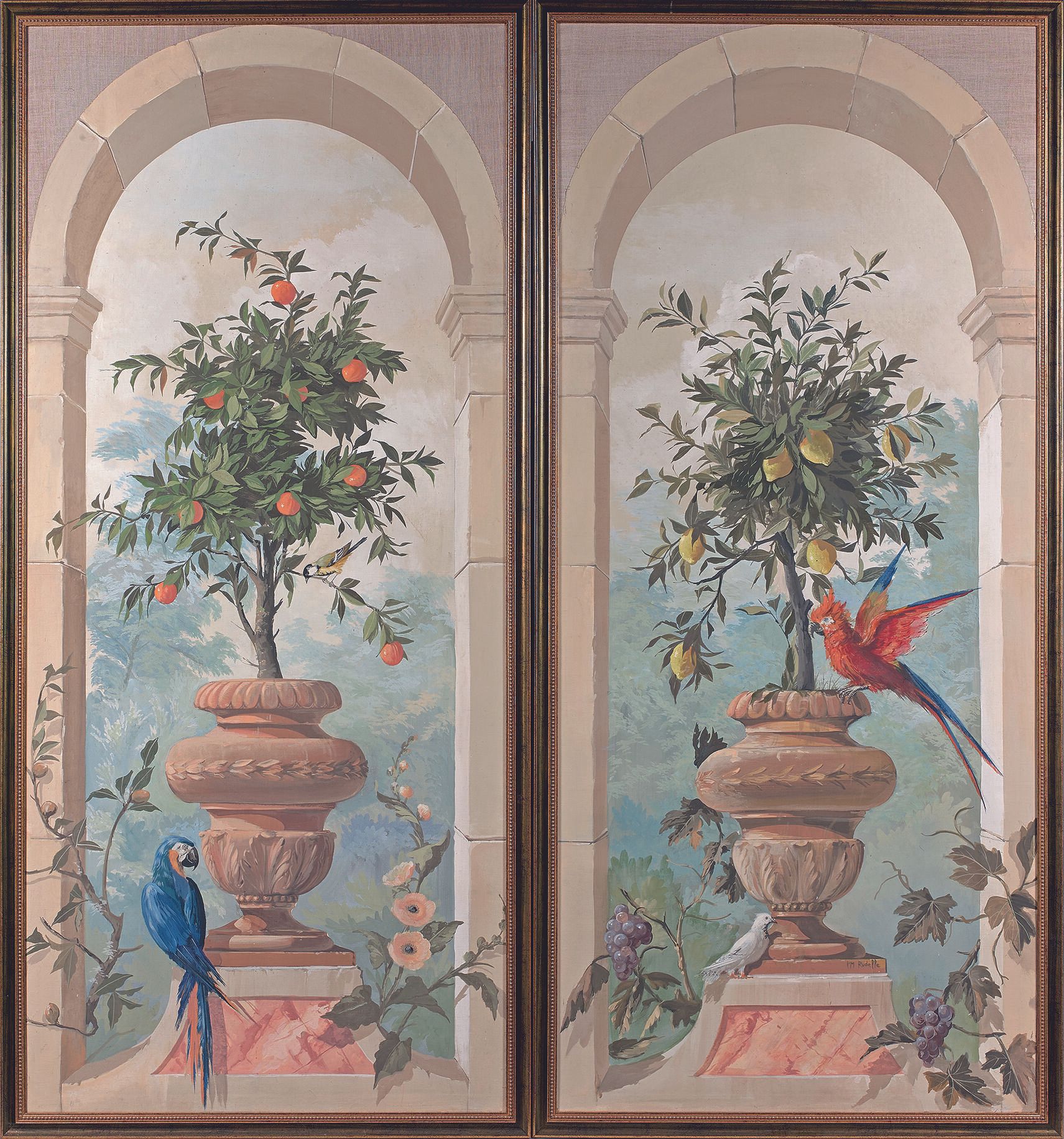 Null 现代学校
花瓶中的柑橘类水果和金刚鹦鹉
两幅布面油画。
196 x 87 cm