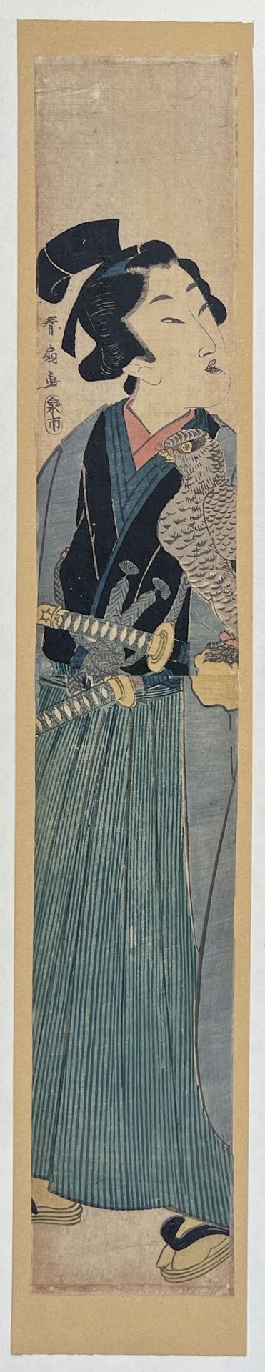 Null 胜川顺成 (act.1805-1821)
Hashira-e，站立的武士，拳头上有一只猎鹰。 
签名：Shunsen ga，出版商Izumiya Ic&hellip;