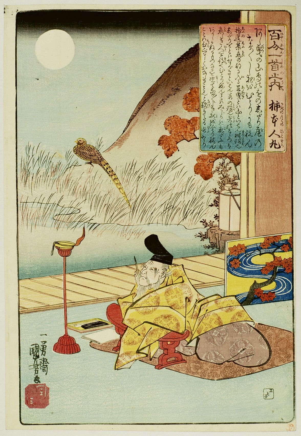 Null 宇都宫邦彦 (1797-1861)
百人一首》系列中的 "Oban tate-e"，板块为 "Kakinomoto no Hitomaro"，"年老的&hellip;