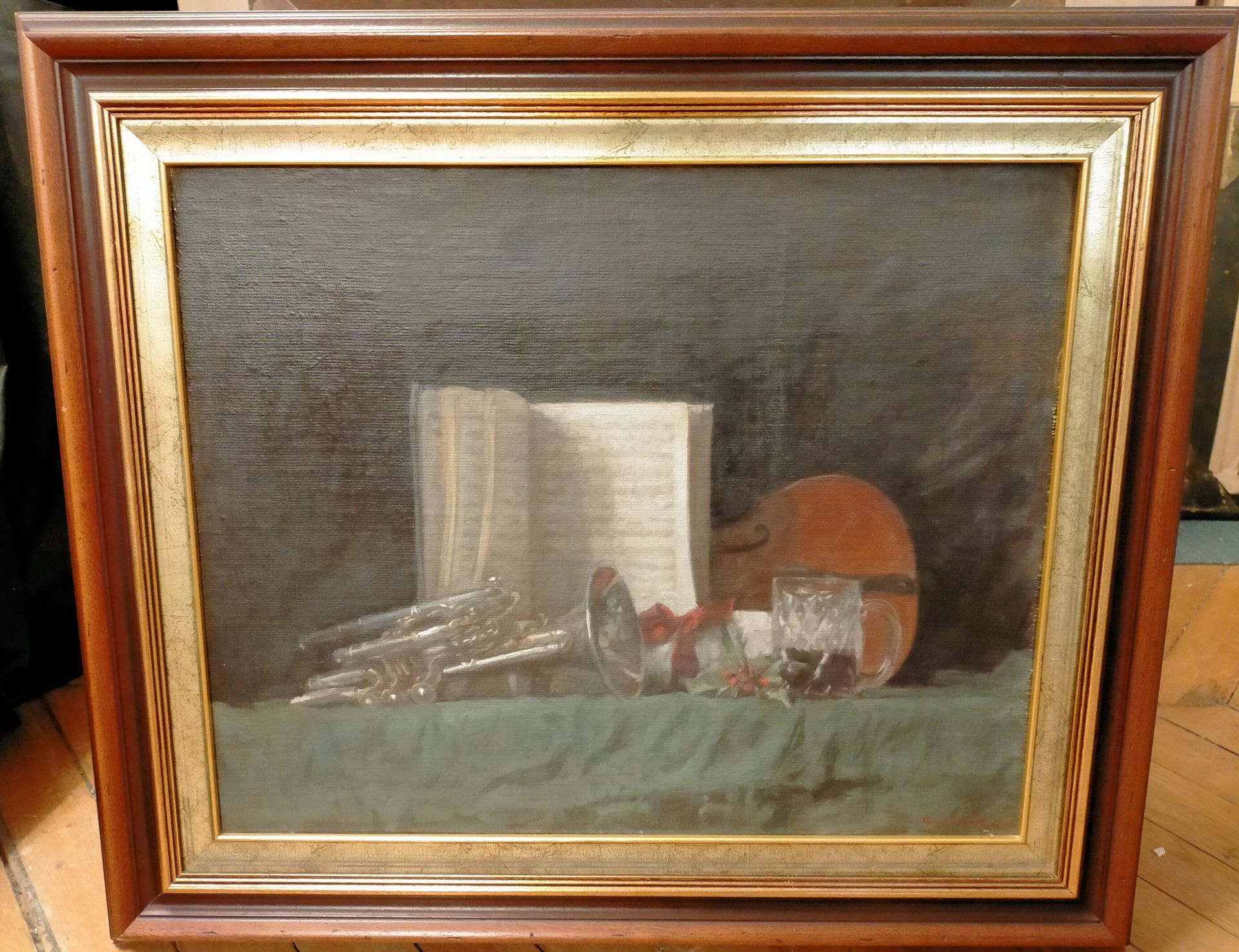 Null 乔治-魏斯博特(1928-2013)
"小号、小提琴和夹板上的乐谱形式的音乐寓意
画在画板上的油画，右下角有签名和日期77(？)。 
49,2 x 6&hellip;