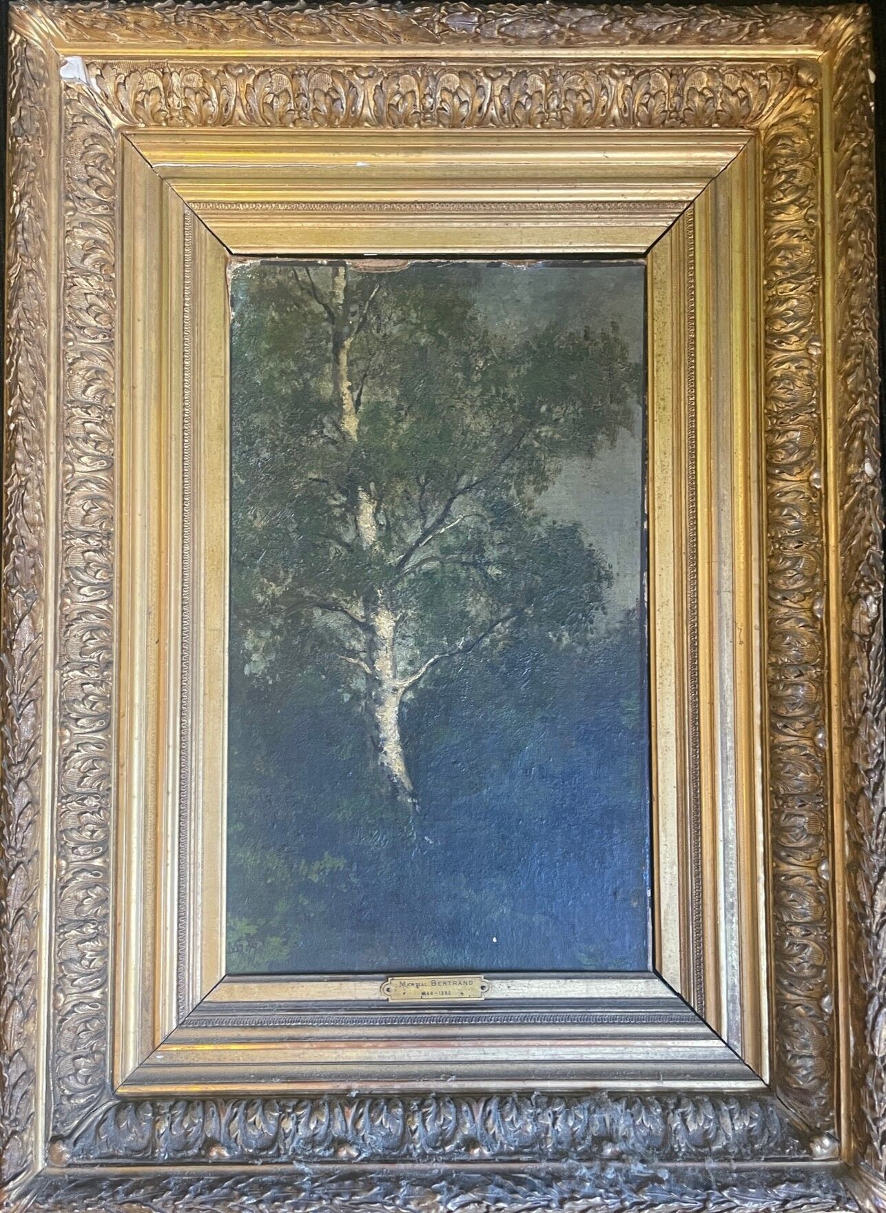 Null Martial BERTRAND 
"白桦树下"。
布面油画，有图案，木质和镀金灰泥框架。
45 x 27厘米