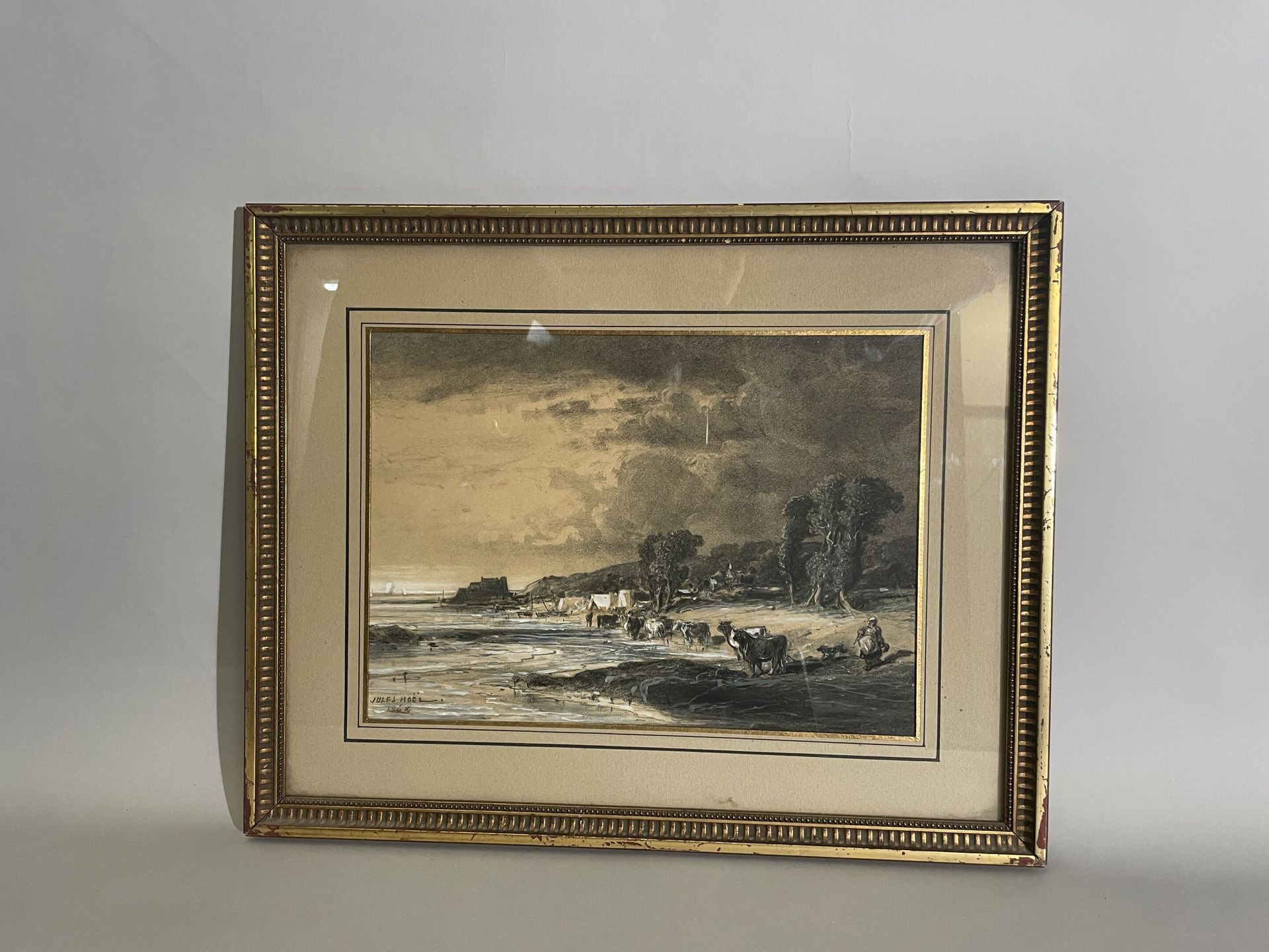 Null 归功于Jules-Achille NOËL (1810/15-1881)。
"河口饮水的牛群"。
纸上炭笔和水粉画，左下方有签名和日期1865年。 
&hellip;