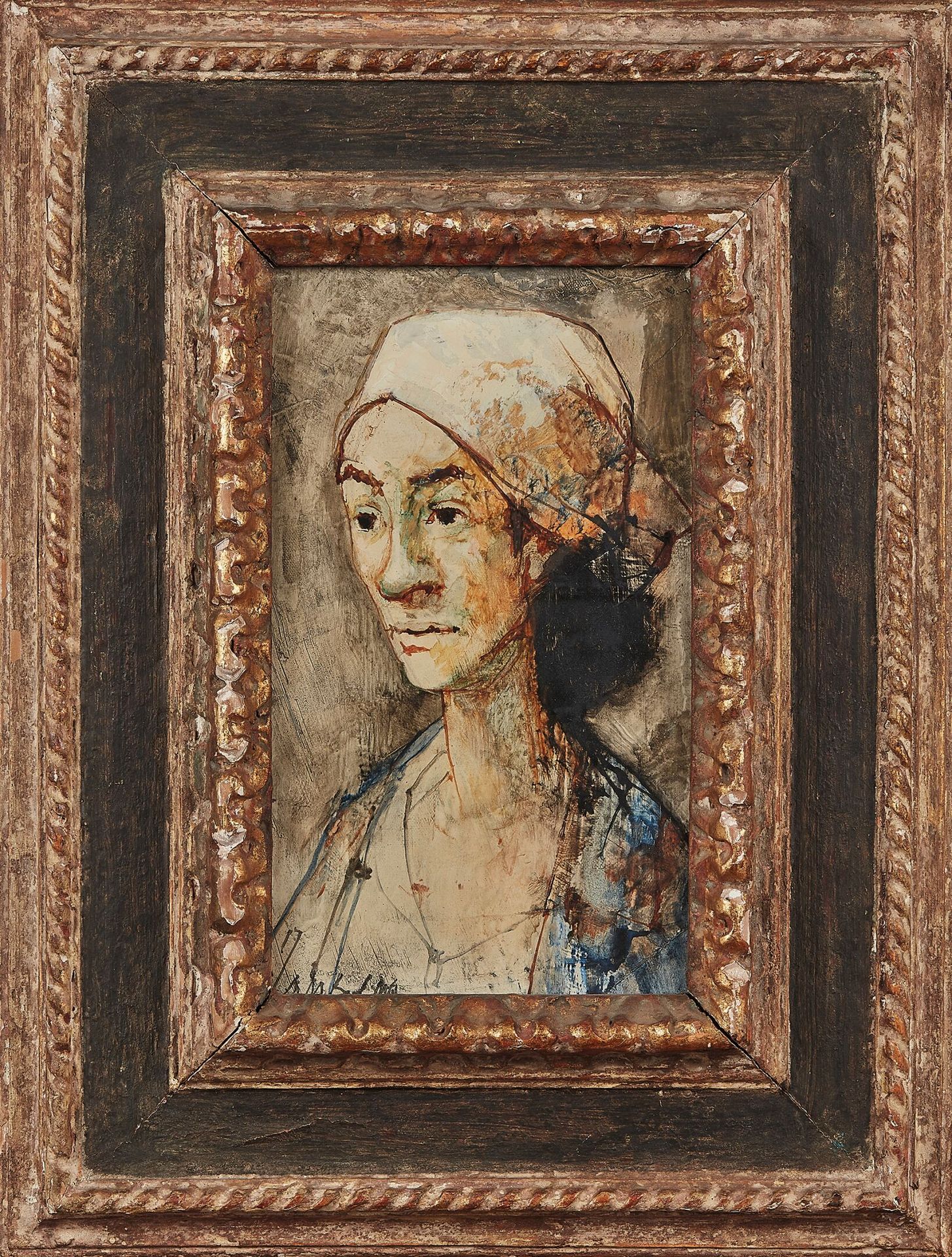 Null 让-扬森 (1920-2013)
头发上戴着围巾的女人的画像
纸上混合媒体，装在画布上，左下方有签名。
28 x 16,5 cm