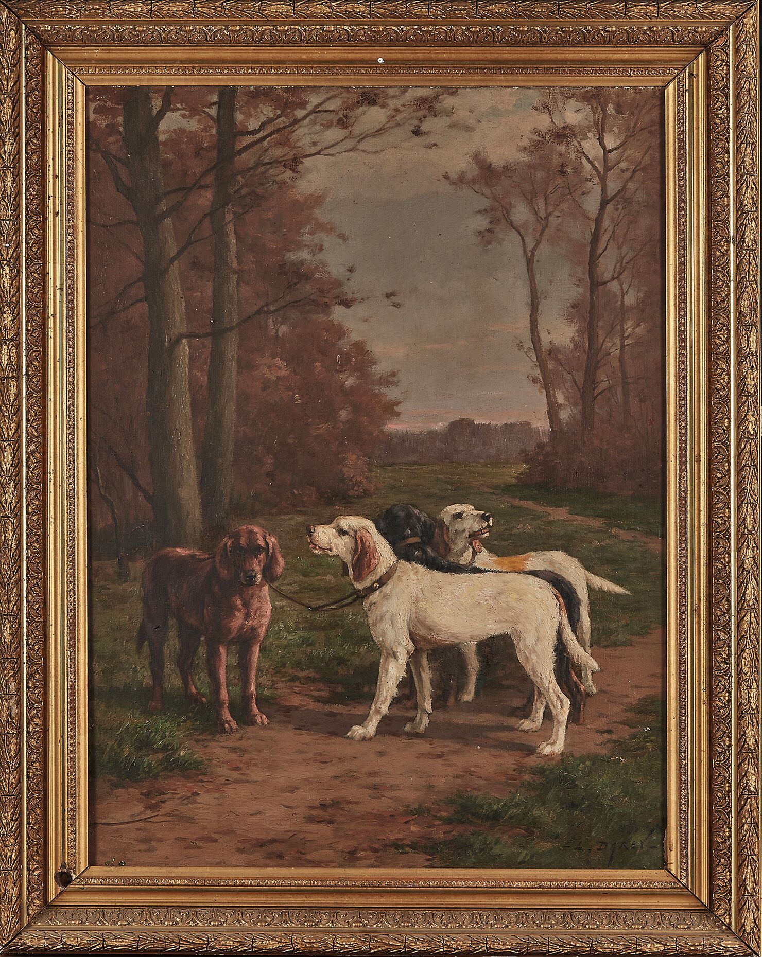 Null 路易斯-达雷(1863-1914)
耦合的狗 - 在壁炉前
两幅布面油画，右下方有签名。
(修复)。
65 x 46厘米