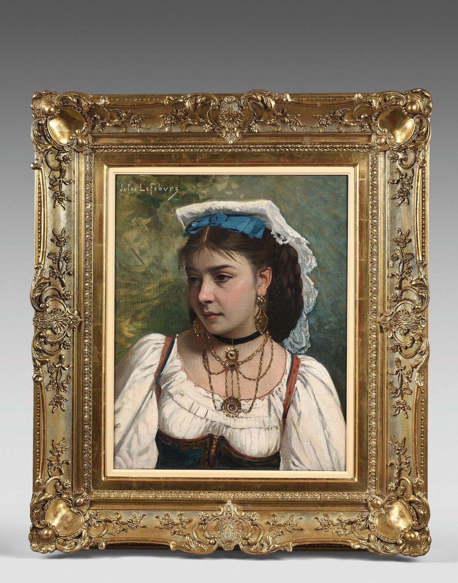 Null 儒勒-约瑟夫-勒费弗尔 
(1834-1912)
带着珠宝的年轻那不勒斯女人
布面油画，左上方有签名。
(修复)。
56 x 45厘米