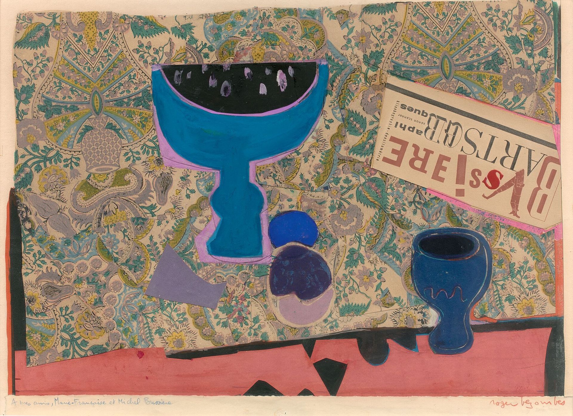 Null 罗杰-贝松贝斯(1913-1994)
蓝色的杯子
混合媒体，水粉画，拼贴画和印刷纸，右下角有签名，左下角有献词。
44 x 61厘米
附有印刷品的两种&hellip;