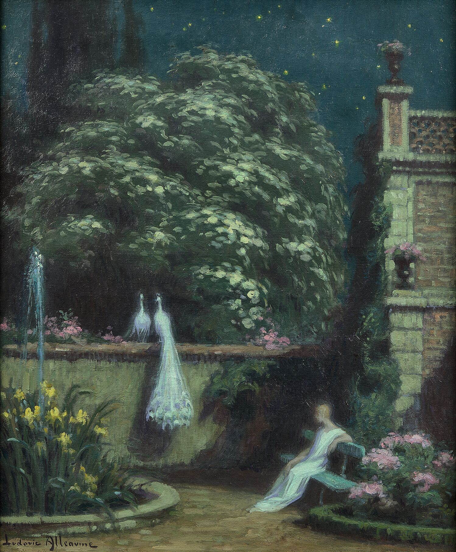 Null 路德维克-阿尔勒奥梅(1859-1941)
夜间天堂，白孔雀
布面油画，左下方有签名，背面有签名和标题。
55 x 46 cm