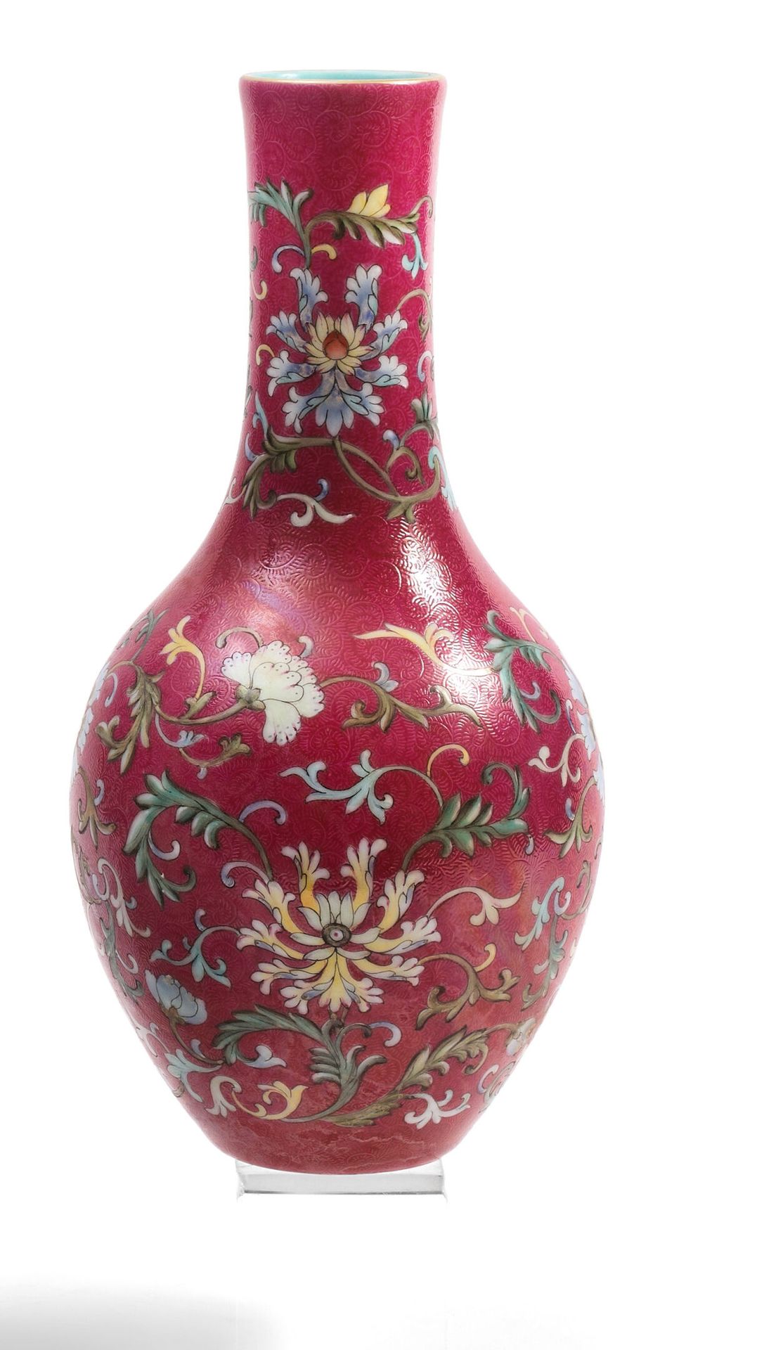 Null CHINA 
Bottle-shaped vase in polychrome enamelled porcelain on a ruby backg&hellip;