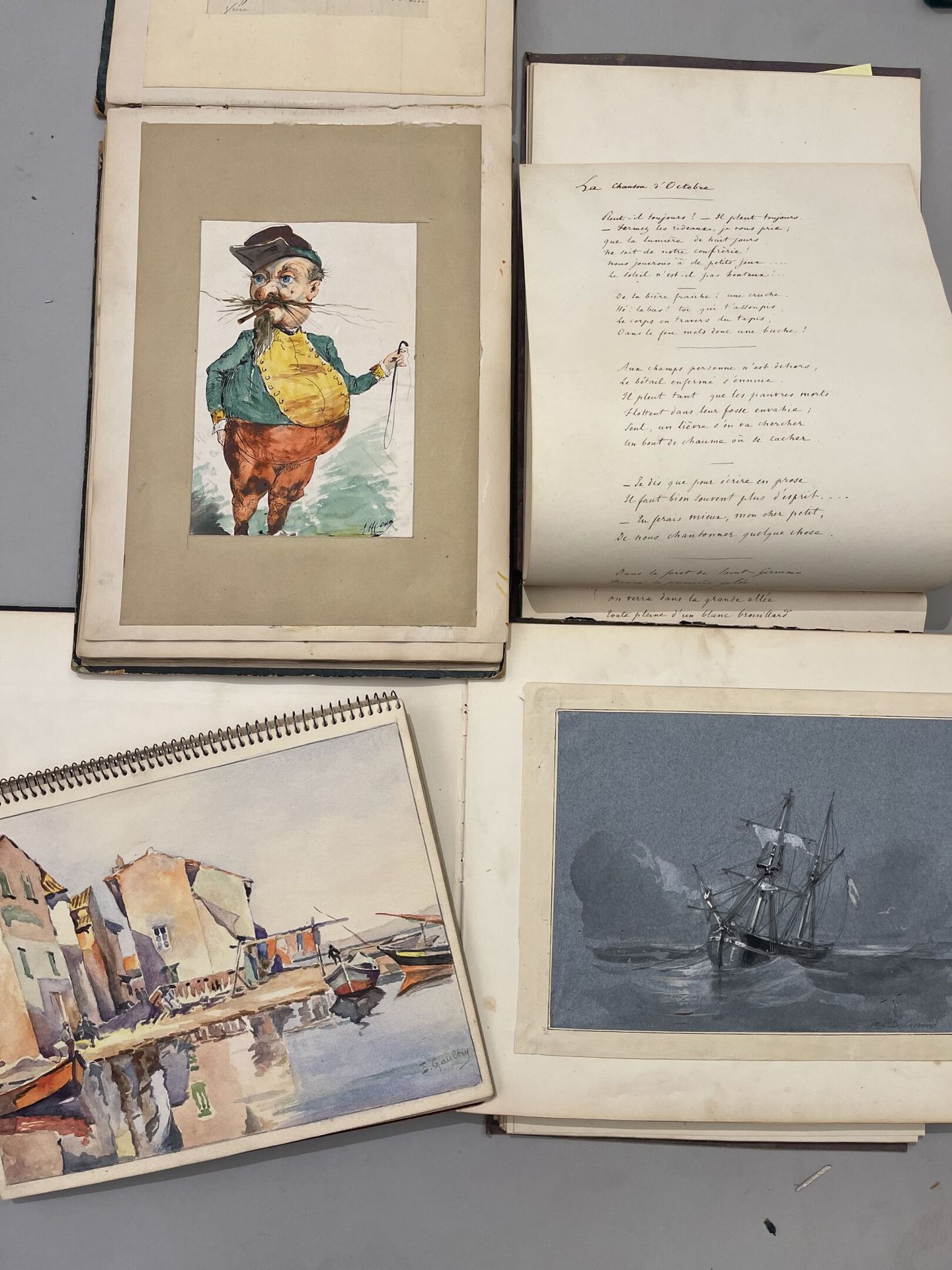 Null 四本画册： 
-MERCEY 漫画 19世纪 
-诗歌和绘画 19世纪
-标有 "Mme Cottinet "的画册
-A.GAULTRY，水彩画册，&hellip;