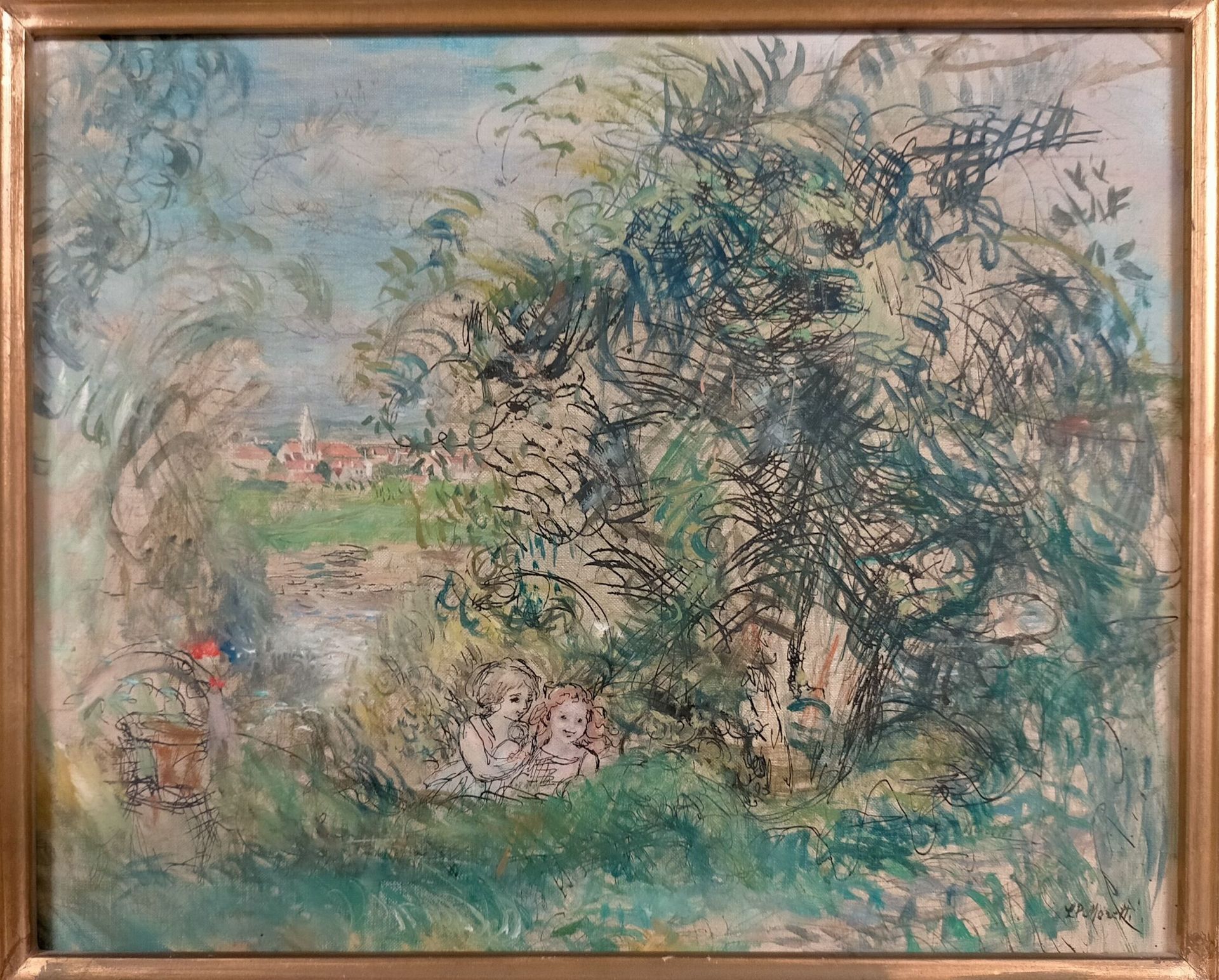 Null 吕西安-菲利普-莫雷蒂 (1922 - 2000)
"森林风景中的孩子"。
油墨画布，右下角有签名。 
22 x 27 cm 
出处：La Chign&hellip;