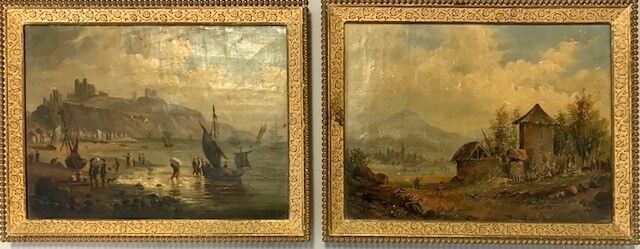 Null - 有猎人和小屋的风景"。
- 海边有船和人"。
两幅木板油画，鎏金铜框，19世纪。
13 x 16 cm