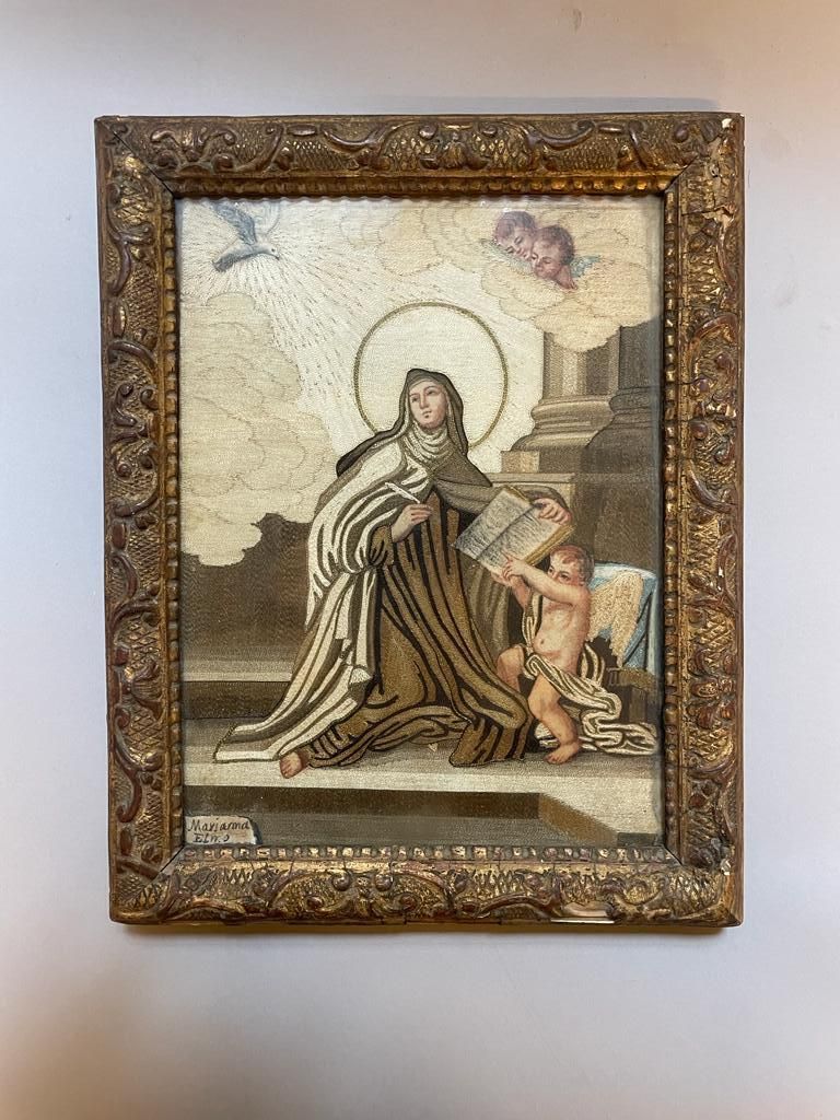 Null Nadelmalerei mit einer Nonne, Berain-Leistenrahmen aus vergoldetem Holz. 
1&hellip;