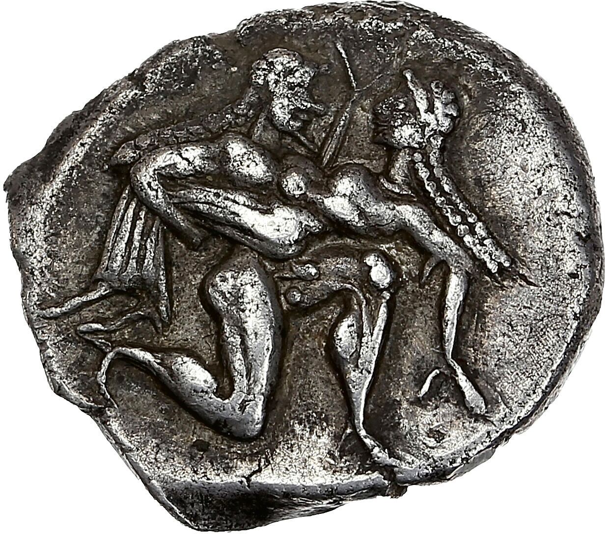 Null 瑟雷斯岛
萨索斯（公元前510-480年）
9.29克。
赤身裸体的萨提尔，半跪在地上，怀中抱着一个仙女。
R/ 四方的空心广场。
Dewing 13&hellip;