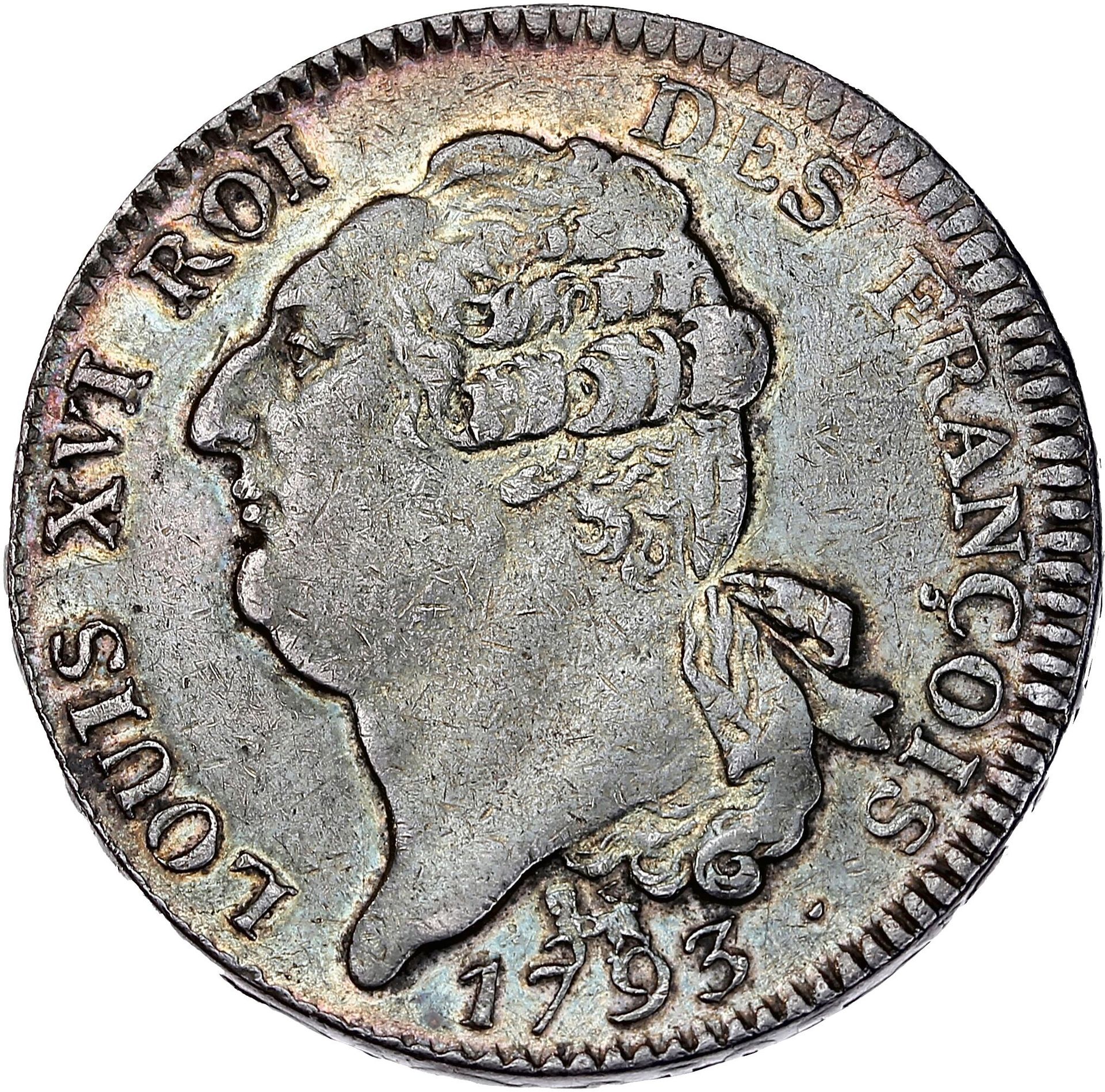 Null 路易十六（1774-1793）
宪政盾牌。1793.巴黎。
国王的头在左边，他的头发用丝带系在颈背上。
R/ 法国的天才站在右边，在法律的桌子上刻着宪&hellip;
