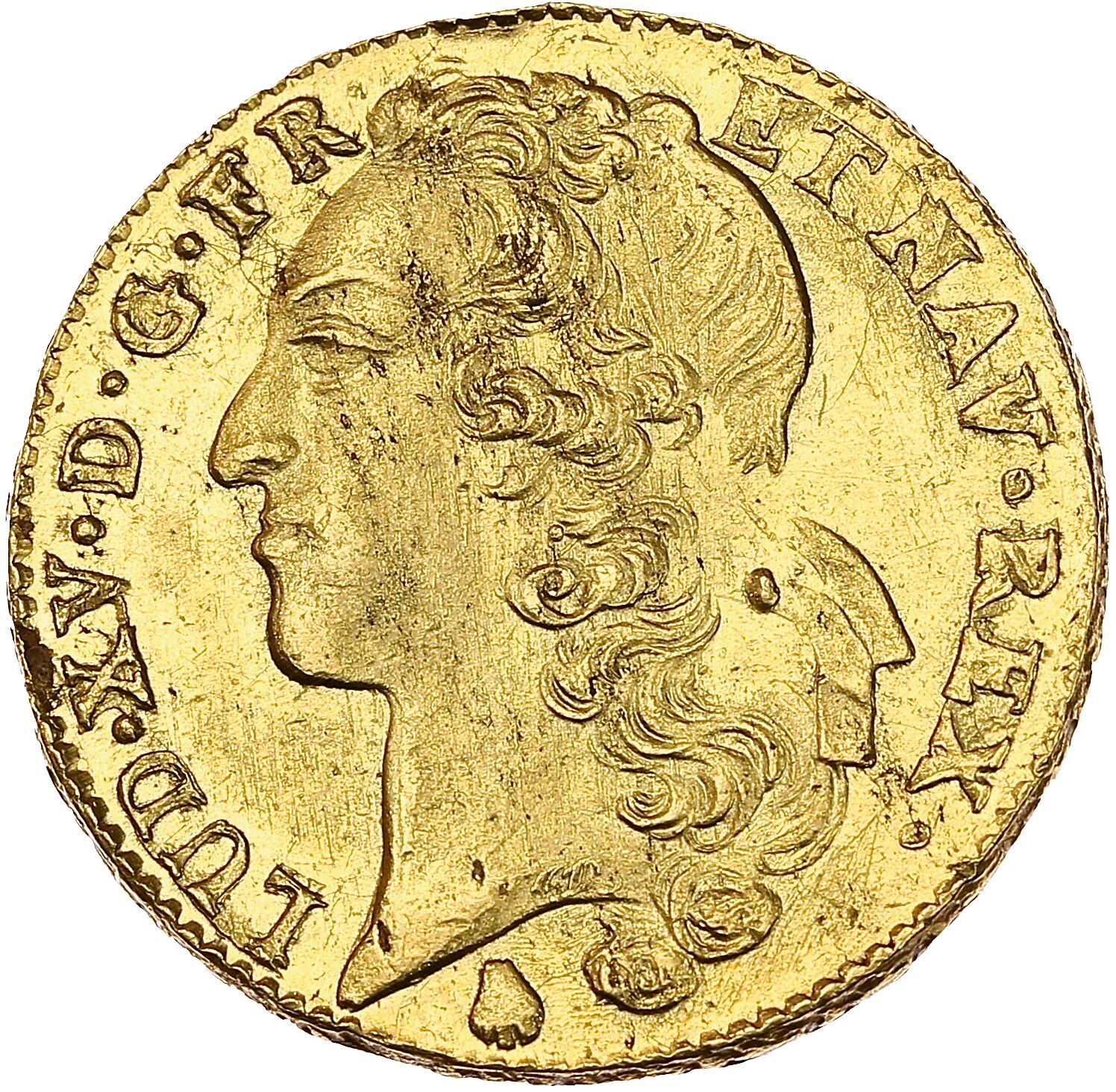Null 路易十五（1715-1774）
双人路易-德-拉贝。1754.佩皮尼昂。16,33 g.
国王头像在左边，戴着头箍。
R/ 卧姿的法国和纳瓦拉的椭圆形&hellip;