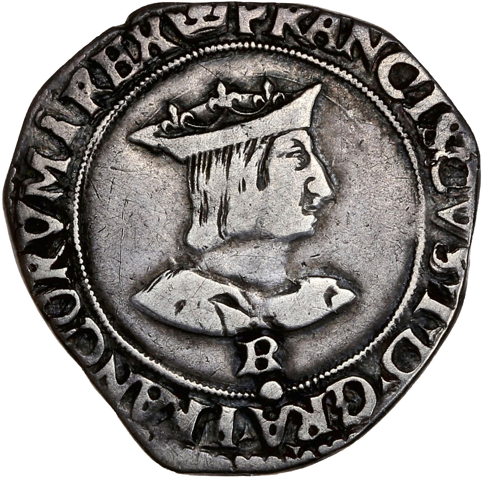 Null FRANCÉS I (1515-1547)
Medio testón, tipo XIX. Rouen.
D. 896.
Raro. TTB.