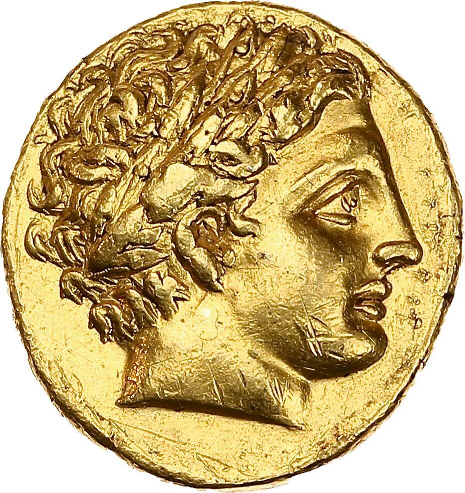 Null 马其顿王国
腓力三世Arrhidaeus (公元前323-316年)
金质雕像。佩拉。8.59克。 
阿波罗的桂冠头像，右。
R/ 奔腾的马匹的米色，&hellip;