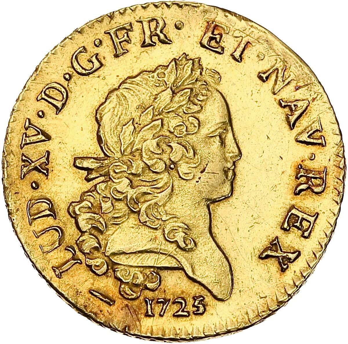 Null 路易十五（1715-1774）
路易-德-米里顿，长掌。1725.里尔。6.51克。 
右边是国王的半身像。
R/ 两个草书的L交错在皇冠下，在两个手&hellip;