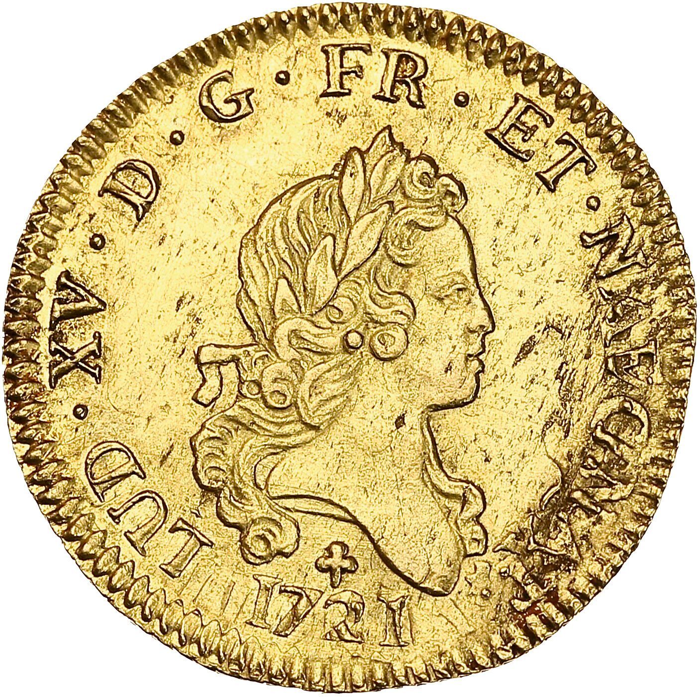 Null 路易十五（1715-1774）
Louis d'or aux deux L. 1721年。巴黎。Ref. 9.80克。
国王的半身像在右边。外围有日期&hellip;